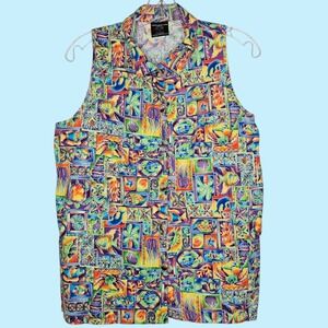 Vintage 90s Toucan Dance Tropical Fish Sea Life Sleeveless Blouse Button Down‎ L